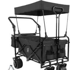 NAYSAYE Wagon Folding Cart Telescopic Handle Foot Brakes Adjustable for Outdoor Garden Beach, Black, 31.89"*24.29"*50.39"