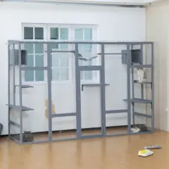 Sevobal Pet Crates and Houses Cat Enclosure boasting, 6 Leaping Platforms, 2 Feline Condos, a Catwalk, and a Scratching Panel, Gray, 100.78"*35.4"*72"