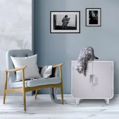 Teamson Pets Dyad Mid Century Wooden Cat Litter Box Cabinet and Side Table, Alpine White