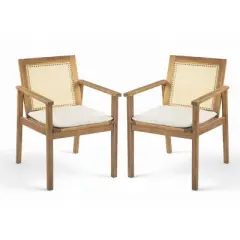 2pc Outdoor Dining Chairs, Acacia Wood and Wicker Frame with Cushions, Weather-Resistant Patio Seating with Tie-Downs - Coolbibila