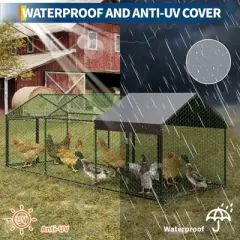 Chicken Coop Walk in Run - Galvanized Large Poultry Cage with Water-Resistant Cover, Outdoor Hen House for Backyard Farm