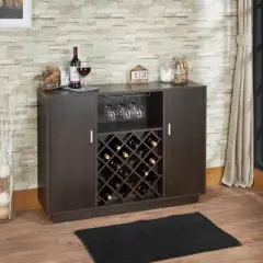 Gulches Espresso Wine Server with 18 Bottle Rack, Cup Holder and Storage Sleek Rectangular Design for Modern Spaces
