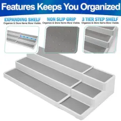 5 Star Super Deals Spice Rack Organizer 3 Tier Expandable Non Slip Shelf for Kitchen Organizer with Adjustable Length 15.5 to 26.5" - White/Grey