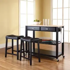 Wood Top Kitchen Prep Cart with 2 Upholstered Saddle Stools - Crosley
