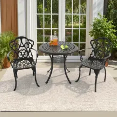 3-Piece Cast Aluminum Outdoor Dining Set with Beige Cushions, Round Table & Ergonomic Chairs - for Patio, Backyard