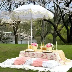 LAGarden 6Ft Fringe Patio Umbrella with Push Button Tilt Carry Bag UV30+ Outdoor Beach Yard Pool Party Deck Purple Stripe