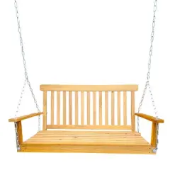 MOEPISY Front Porch Swing With Armrests, Wood Bench Swing With Hanging Chains,Teak