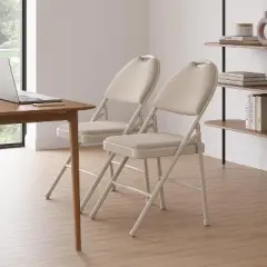 Folding Chairs 2 Pack. Metal Chair with Cushion, Non-Slip Feet Pads, Linen Party Chairs for Indoors and Outdoors Meeting and Dining Room