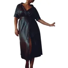 ELOQUII Women&rsquo;s Plus Size Faux Leather Short Sleeve Wrap Dress