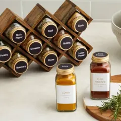 Talented Kitchen 24 Pack Large Glass Spice Bottles with 328 Preprinted Label Stickers, 6 oz Empty Square Seasoning Jars with Shaker Lids & Gold Caps