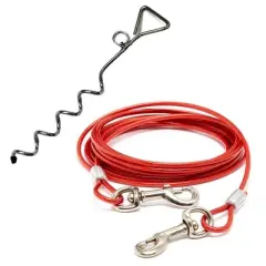 Katzco Chrome Dog Corkscrew Stake with Leash Lead, Red