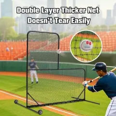 Portable Baseball L Screen With Wheels For Batting Cages, 7x7ft Pitcher Protector Net With 4 U-Shaped Ground Spikes And 1 Baseball For Field Practice
