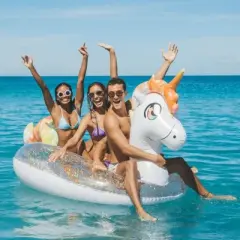 PoolCandy Gigantic Rainbow Unicorn Glitter Pool Raft Ultra Durable Sun Tan Fun Great For Pools, Lakes, And More