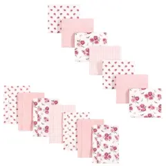 Hudson Baby Infant Girl Cotton Flannel Burp Cloths and Receiving Blankets, 14-Piece, Rose, One Size