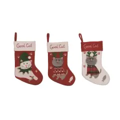 Transpac Good Cat Holiday Stocking Set of 3 Red Polyester Christmas Indoor Decorations for Mantel Gift Giving
