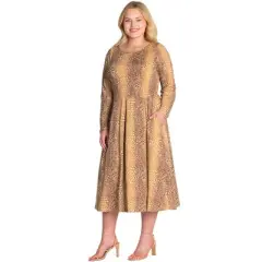 Womens Plus Size Animal Print Long Sleeve Pleated Pocket Midi Dress