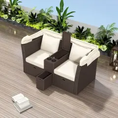 Outdoor Daybed, Double Daybed With Retractable Sunshade Canopy, Built-in Cup Holders And Storage Boxes, 2 Pillows, 2-Seater Sofa For Garden