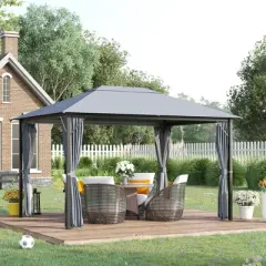 Outsunny 13' x 10' Outdoor Patio Gazebo Soft Top Canopy with PA Coated Polyester Roof, Steel/Aluminum Frame, Curtains & Netting Sidewalls, Gray