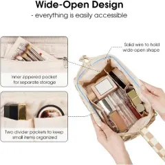Narwey Large Checkered Makeup Bag Women Wide-open Make up Bag