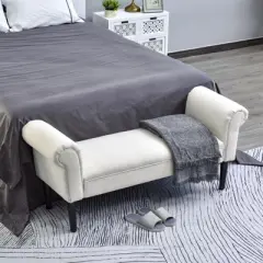 HOMCOM 52" Linen Upholstered Accent Ottoman Bench With Armrests