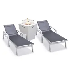 LeisureMod Marlin Patio Lounge Chairs with Arms and Fire Pit Side Table - White Trim, Set of 2