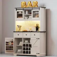 Kitchen Pantry Cabinet with Sliding Doors, USB, RGB Lights, Pegboard, Wine Rack, Glass Holder, 3 Drawers, Hutch Storage for Dining Room