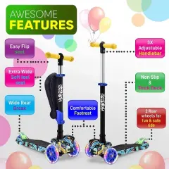 Hurtle ScootKid 3 Wheel Toddler Child Mini Ride On Toy Tricycle Scooter with Adjustable Handlebar, Foldable Seat, and LED Light Up Wheels, Graffiti