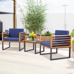 Tangkula 3PCS Acacia Wood Patio Bistro Set Outdoor Conversation Furniture Set w/ Navy Cushions