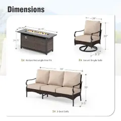 Captiva Designs 4pc Extra Large Metal and Rattan Outdoor Patio Fire Pit Set with Swivel Armchairs