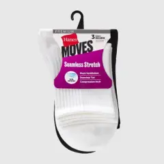 Hanes Women's Moves Premium Seamless Stretch 3pk Mid Crew Socks - White/Black 5-9: Y-Heel Stitching, Arch Support