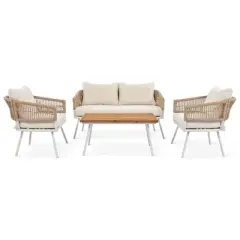 Kiki 4-Piece Woven Rope Patio Coversation Set with Acacia Wood Table, Deep Seating & Thick Cushion, Outdoor Furniture - Maison Boucle
