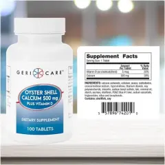 Geri Care Oyster Shell Calcium 500mg Plus Vitamin D Tablets, 100 Count