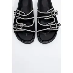 Allen - Black Leather Rhinestone Slide Sandal (Women) | Forever & Always Shoes