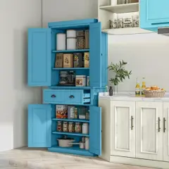 Gulches Traditional 72"H Kitchen Pantry Cabinet - Freestanding, 4 Doors, 1 Drawer, 3 Adjustable Shelves, Light Blue, 30"W x16"D