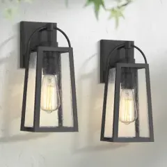 Possini Euro Design Woodley 13" High Modern Outdoor Wall Light Fixture Mount Porch House Set of 2 Weatherproof Sand Black Aluminum Seeded Glass Shade