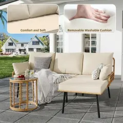 3-Piece Rattan Patio Set, L-Shaped Wicker Sectional with Cushions & Coffee Table, All-Weather Outdoor Sofa for Deck, Pool or Backyard