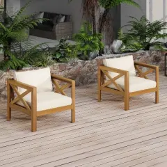 FIONECA Patio Conversation Set, 2 Acacia Wood Armchairs with Beige Cushions & Foldable Side Table, Teak Finish