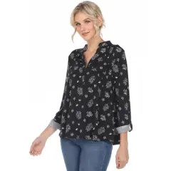 Women's Pleated Long Sleeve Leaf Print Blouse - White Mark