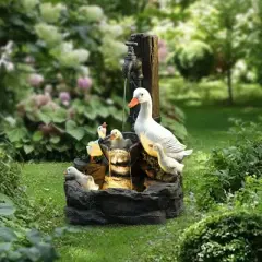 LuxenHome Resin Farmhouse Duck Family Outdoor Patio Fountain Water Fountain