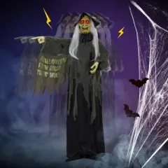 Slickblue Scary 6 FT Halloween Witch Prop with Motion Sensor, Talking Feature & Glowing LED Eyes