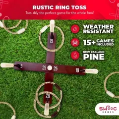 SWOOC Games - Rustic Ring Toss Game (All Weather) - Easy Setup & Extra Games Included - Ring Toss Game for Adults - Outdoor Game For Kids  - Yard Game