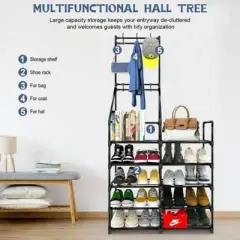 KTMBDW 5-Tier Coat and Shoe Rack, Entryway Coat Rack with 6 Hooks, Double Row Shoes Organizer for Living Room, Bedroom, Office, Black