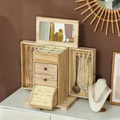 HOMCOM 4-Tier Wooden Jewelry Box for Women, Large Jewelry Organizer with Mirror and 2 Drawers for Rings Earrings Necklaces Bracelets, Brown