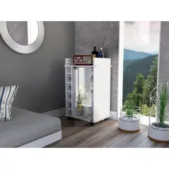 Gulches White Bar Cart with Glass Door, Wine Rack & Locking Casters