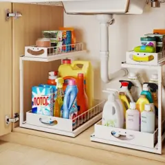 SKONYON 2 Packs Under Sink Organizer, 2 Tier Slide out Pull out Cabinet Organizer Shelf, Metal Sliding Organization Rack for Kitchen Bathroom Pantry