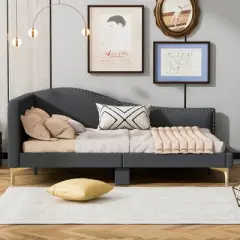 Twin/Full Size Upholstered Daybed with Headboard, Armrest and Support Legs, Grey/Beige-ModernLuxe