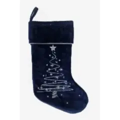Season's Designs 20" Blue Polyester Christmas Stocking with Silver Embroidered Tree Design and Cuff Indoor Use, Perfect for Mantel Decoration