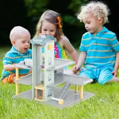 Costway 3-Tier Wooden Garage Playset with Working Elevator Helipad Ramp Car Wash Center