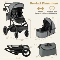 Infans 3-in-1 Newborn Stroller Folding Convertible High Landscape Toddler Stroller