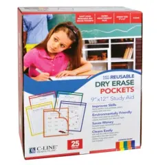 C-Line&reg; Super Heavyweight Plus Reusable Dry Erase Pockets - Study Aid, Assorted Primary Colors, 9 x 12, Box of 25